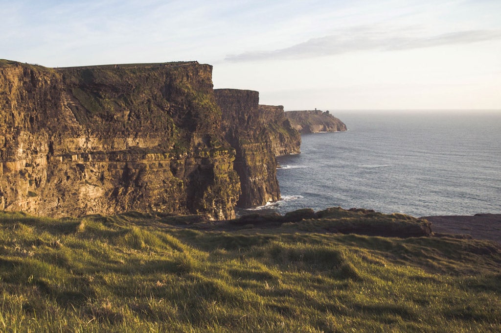 The cliffs of Moher in County Clare, Ireland, on a sunny day.