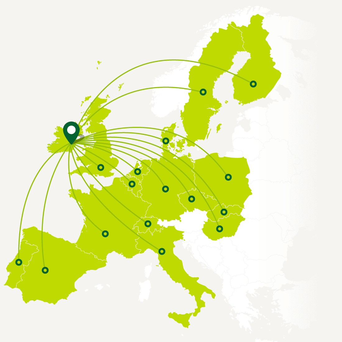 Map displaying the Dawn Farms European distribution network from Ireland.
