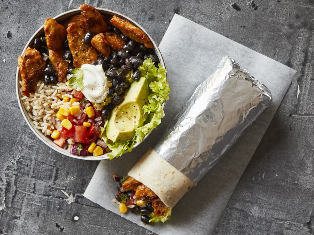 Two tasty meals from meat-free Plant Deli products: a rice bowl with delicious Plant Deli Tikka Strips and Black Beans, as well as a stuffed meat-free Tikka and Black Bean burrito wrap.