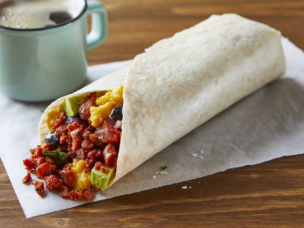 A burrito breakfast wrap brimming with Plant Deli meat-free goodies, like chorizo crumbles and black beans.