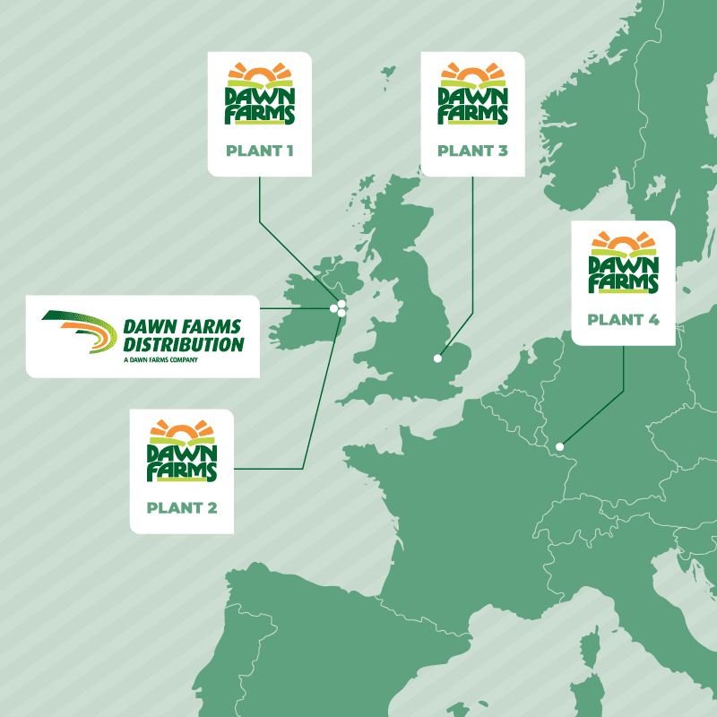 A map showing the Dawn Farms plants in Europe, including three in Ireland, one in the UK, and one in Germany.